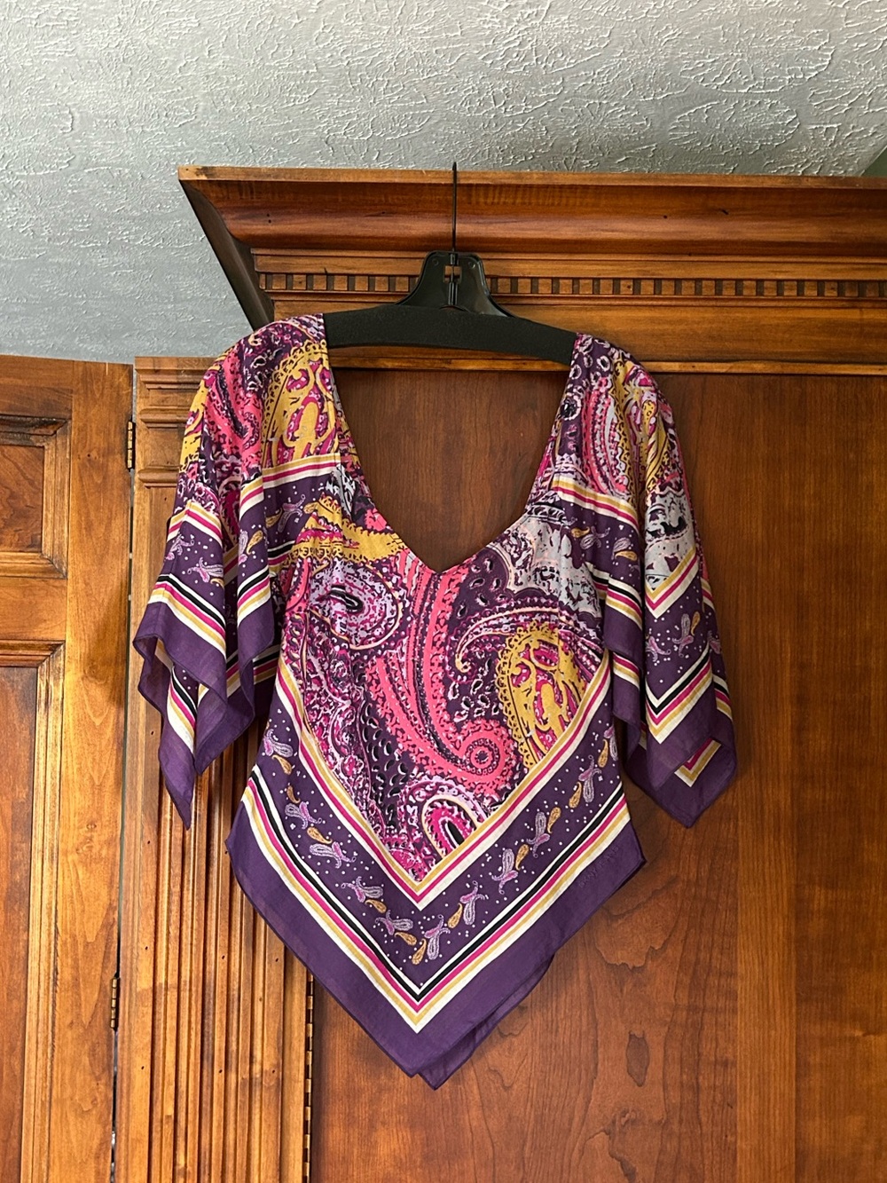DKNY Purple, Pink & Yellow Paisley Handkerchief Hem Top